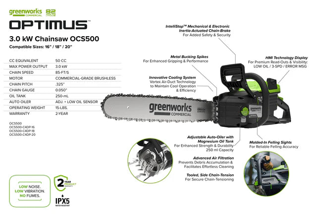 82V OPTIMUS 3.0 kW 18" Chainsaw Kit with CORE400 Battery & DP Charger | OCS500-C4DP-18
