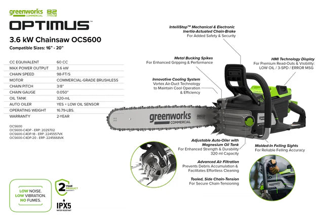 OPTIMUS 82V 3.6kw 18" Chainsaw Kit with CORE400 Battery & DP Charger | OCS600-C4DP-18