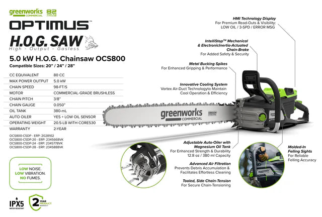 OPTIMUS 82V 5.0kw 20" HOG Chainsaw Kit with CORE530 Battery & DP Charger | OCS800-C5DP-20
