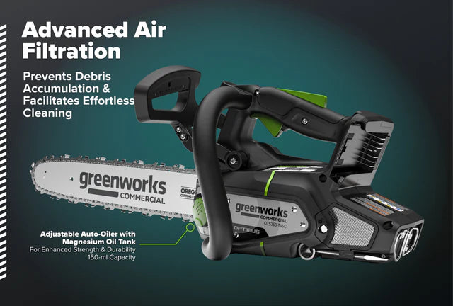 OPTIMUS 48V 10" Top-Handle Chainsaw Powerhead, 48V 4 Ah Battery, 5A Charger | OTS350-T4SC-10