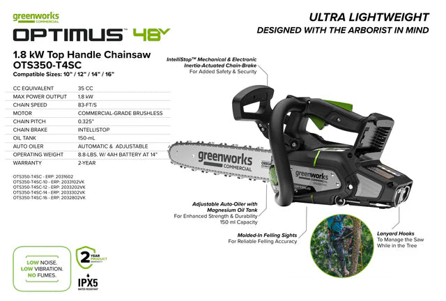 OPTIMUS 48V 12" Top-Handle Chainsaw Powerhead, 48V 4 Ah Battery, 5A Charger | OTS350-T4SC-12