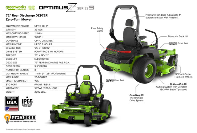 OptimusZ Series 9 72" (Rear Discharge) Ride-on ZTR - 36 kWh | OZ972R
