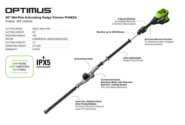 Optimus 82V Articulating Mid Pole Hedge Trimmer with (1) Core300 and Dual Port Charger | PH482AC